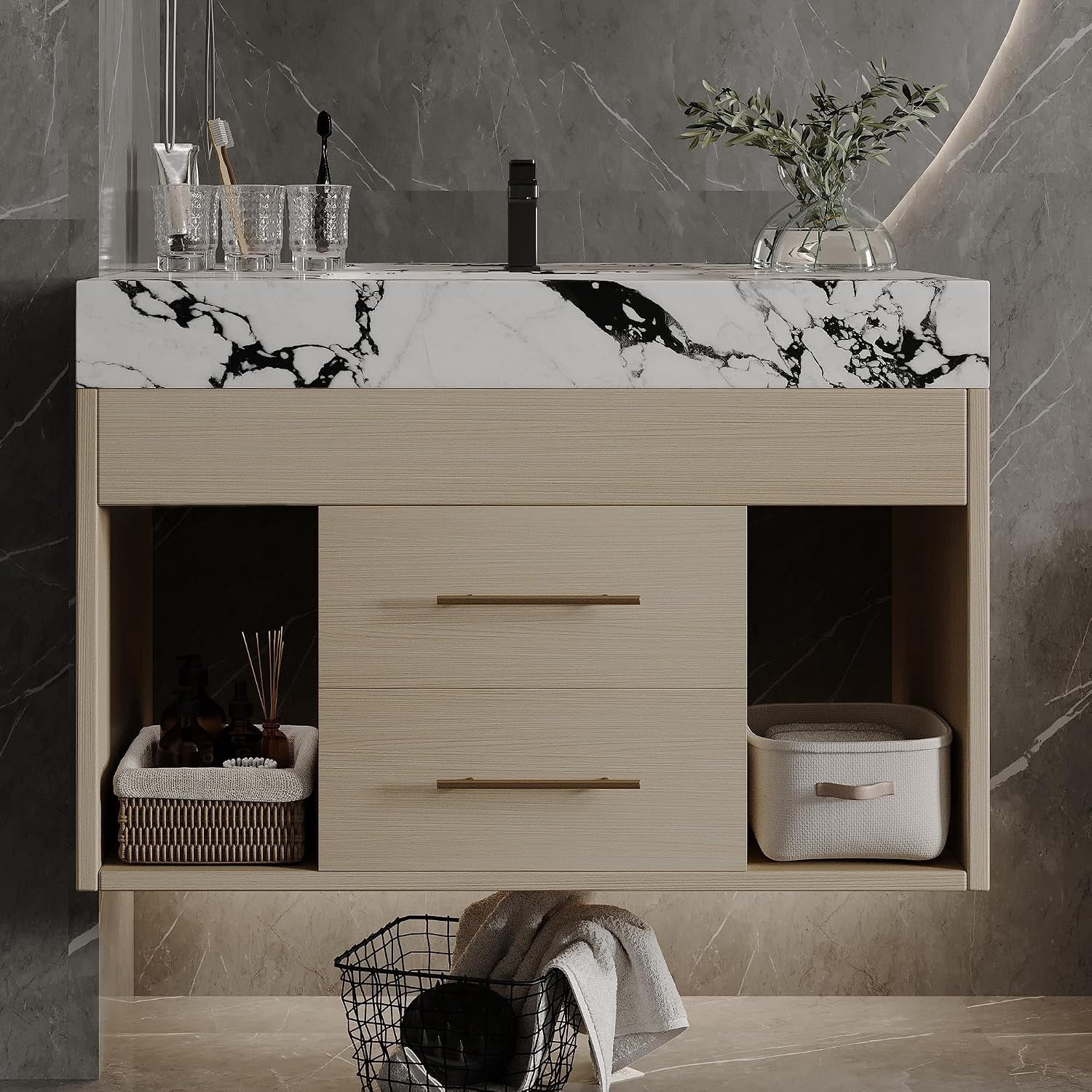 29.9" Modern Floating Bathroom Vanity with Sintered Stone Top Ceramic Undermount Sink, Wall-Mounted Bathroom Vanity Cabinet with 2 Soft Closing Drawers, Open Storage Shelf, Bronze Handles, Wood