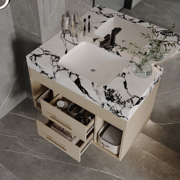 29.9" Modern Floating Bathroom Vanity with Sintered Stone Top Ceramic Undermount Sink Wall-Mounted for Small Bathrooms, Apartment