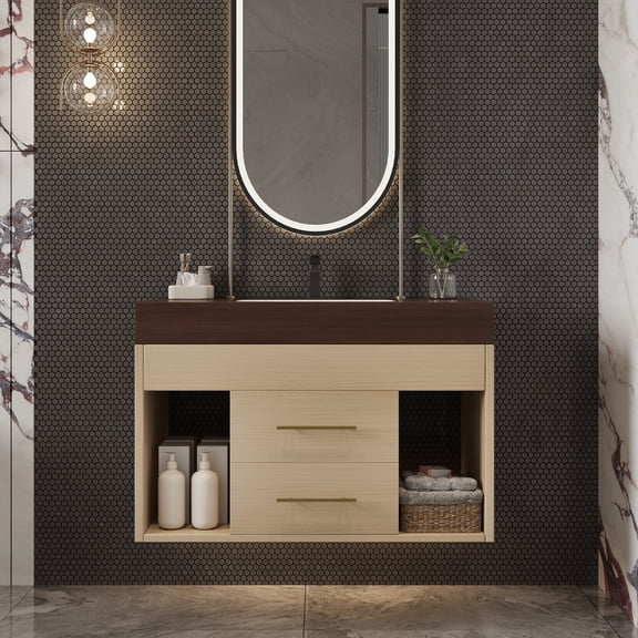 29.9" Modern Floating Bathroom Vanity with Sintered Stone Top Ceramic Undermount Sink Wall-Mounted for Small Bathrooms, Apartment