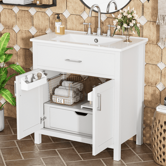 29.9" Small Bathroom Vanity with Ceramic Sink,with 2 Doors and 1 Drawer for Small Space,Metal Legs,Painted Surface,White