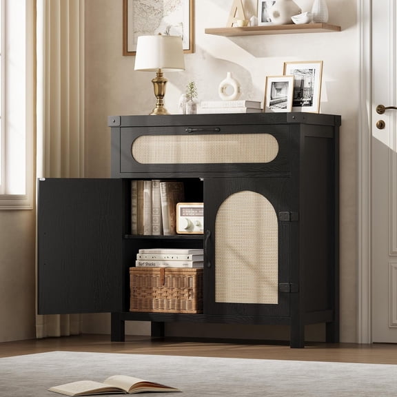 29.9'' Small Rattan Buffet Cabinet with Doors, Drawer & Adjustable Shelves, Boho Farmhouse Sideboard, Kitchen Coffee Bar Storage Cabinet, Black
