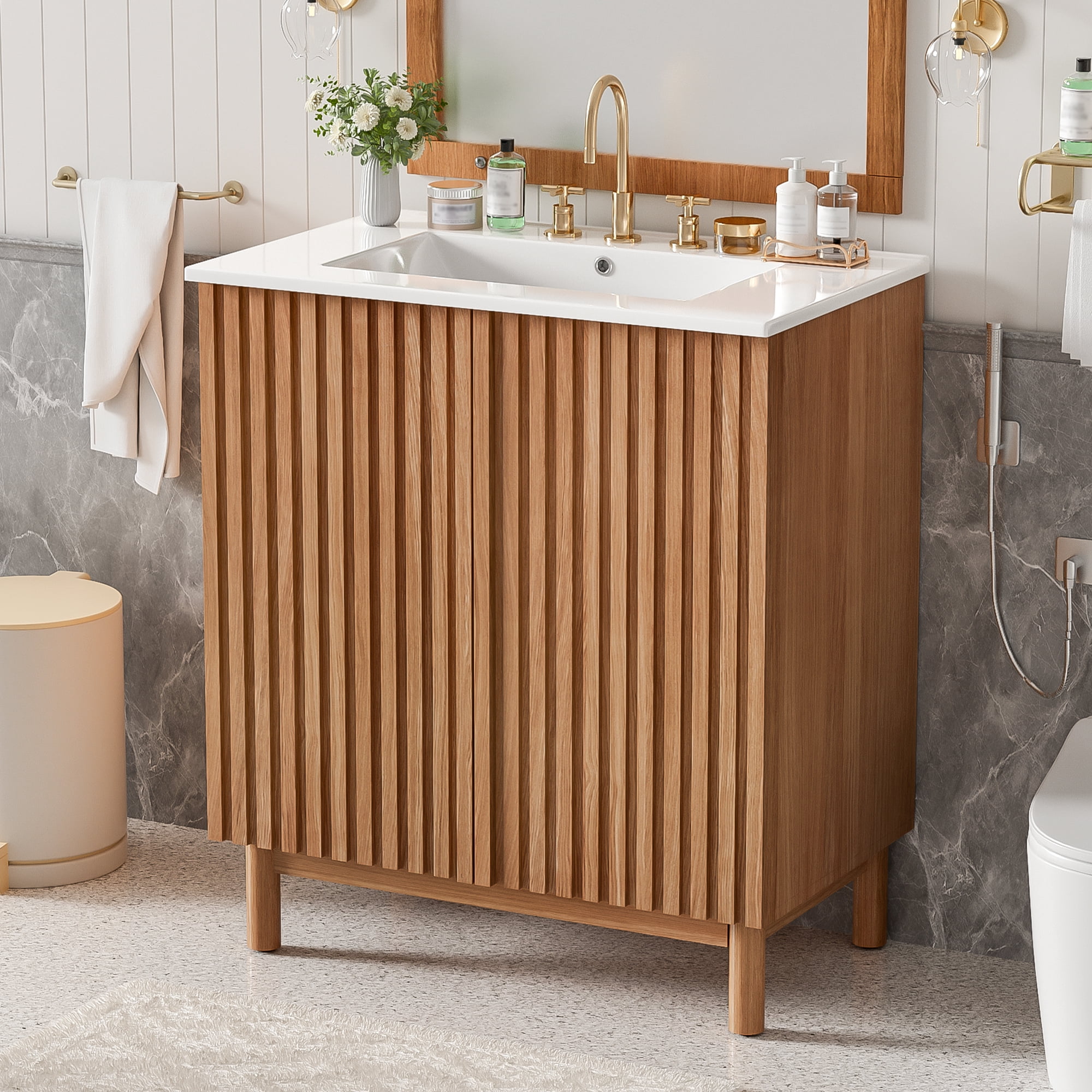29.9-inch Traditional Bathroom Vanity with Ceramic Sink, Solid Wood ...
