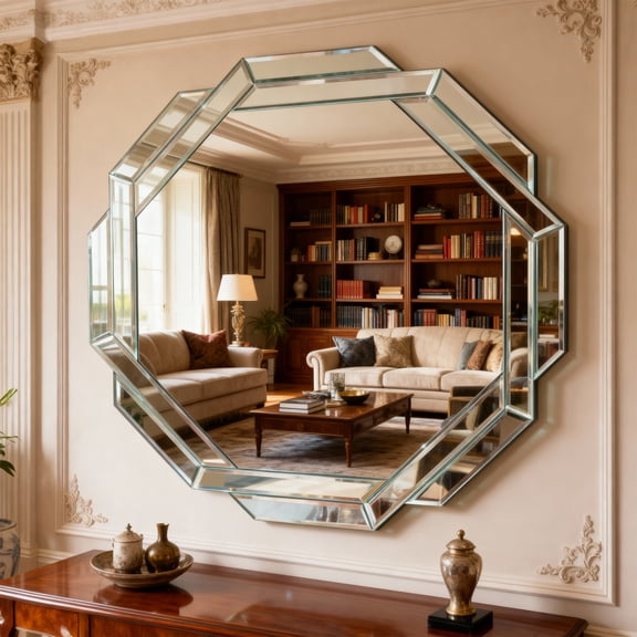 29.92 Inch Octagonal Frameless Wall Mirror, Beveled Edge Decorative Mirror for Living Room, Bathroom, Dining Room and Hallway
