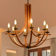 29.92" Modern Farmhouse Geometric Chandelier Light Fixture, 8-Light Adjustable Height Rustic Hanging Pendant Lighting for Dining Room Foyer Kitchen Island, ‎Retro Wood Finish
