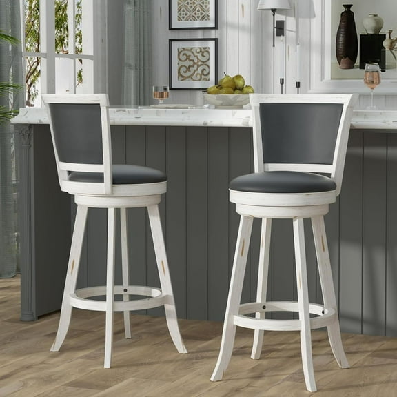 29" Bar Height Swivel Stools, High Back Swivel Bar Stools with Grey Faux Leather Upholstered Seat & Solid Wood Footrest, Counter Bar Chairs for Kitchen Island & Pub (Antique White, Set of 2)