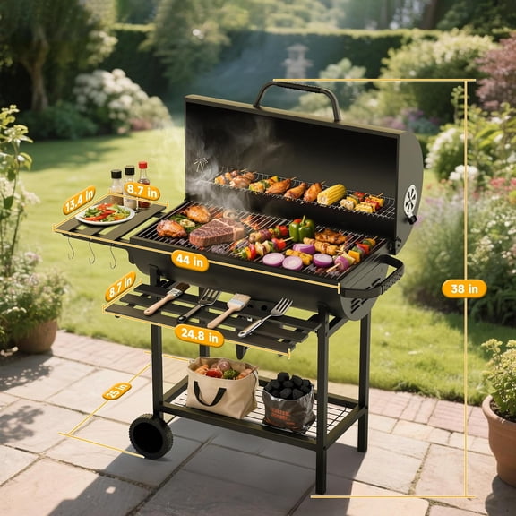 29" Barrel Charcoal Grill, Spacious Smoker Barrel Barbecue Grill with Side Front , Outdoor Barbecue Grills for Backyard, Camping, and Picnics, Black$$Garden & Patio
