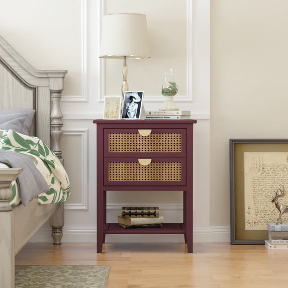 29" Bedside Table with 2 Drawer and Shelf, Solid Wood End Table with Naturel Rattan and Semi-Circular Metal Handle, Side Table Furniture for Bedroom Living Room Study, Capacity of 130 Pounds, Red
