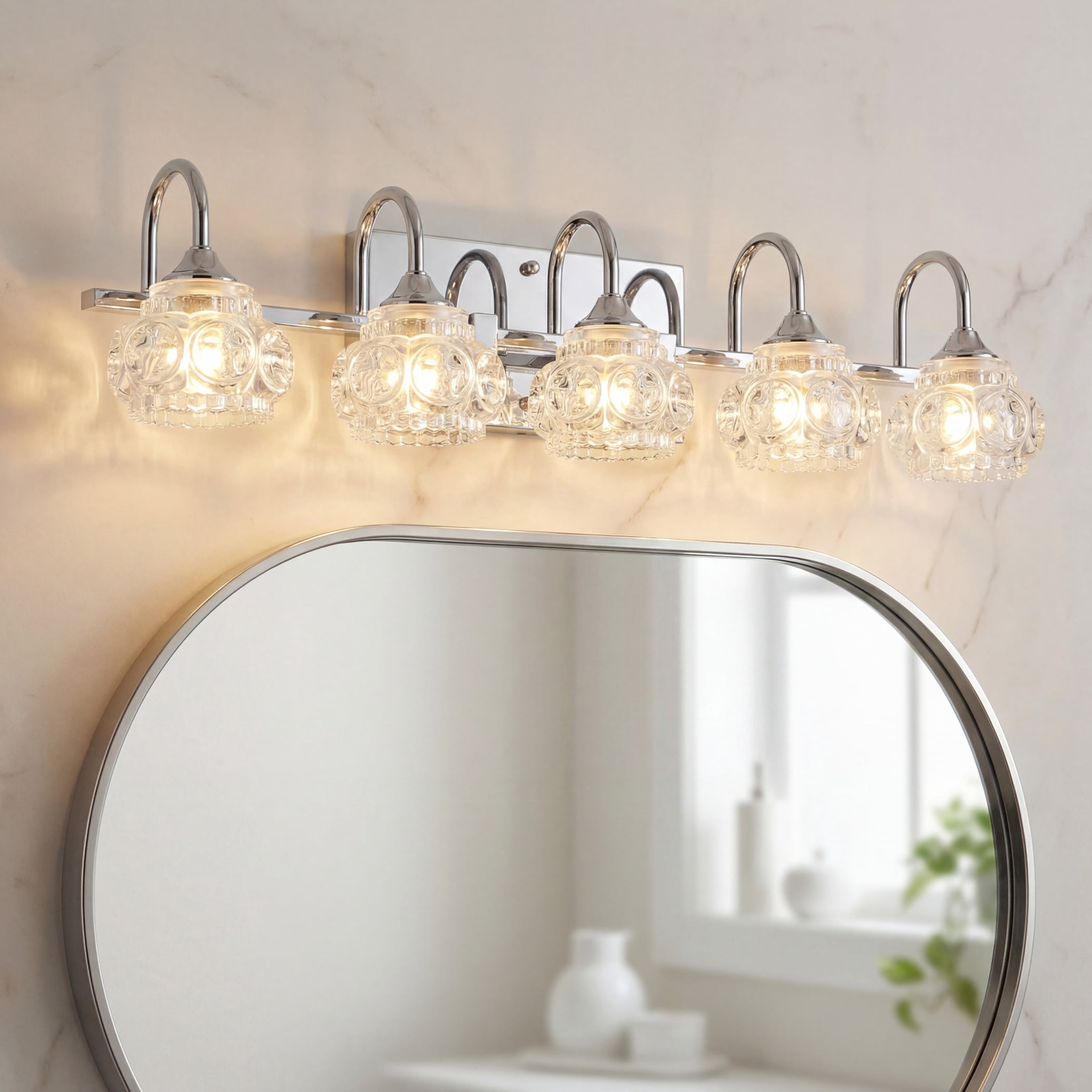 29" Brushed Nickel 5-Light Crystal Vanity Light, Vintage Bathroom Light Fixtures with Clear Glass Shades, Bathroom Lighting Fixtures Over Mirror(Bulbs Not Included)
