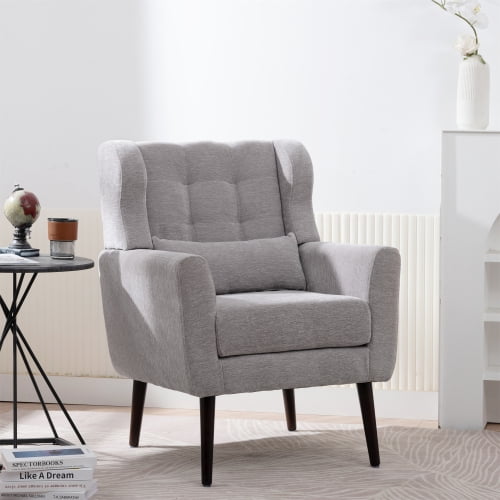 29" Chenille Butacas Para Sala Couch, Comfy Small Chair with Solid Wood Legs, Reading Nook Chair with Waist Pillow for Living Room, Grey