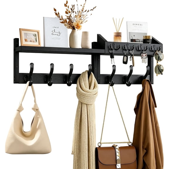 29"Coat Rack Wall Mount, Brown Pine Solid Board,With Storage Rack, 4-in-1 Wall-Mounted Coat Key Rack with 11 Hooks, Can Hang Coats, Hats, Jackets, Keys,Suitable for Bedrooms, Living Rooms(Black)