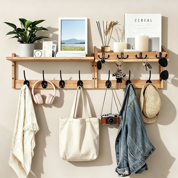 29" Coat Rack Wall Mount with Shelf,4 in 1 Coat and Key Hanger with 11 Hooks,Entryway Wall Mounted Shelf with Mail Holder for Living Room, Bedroom