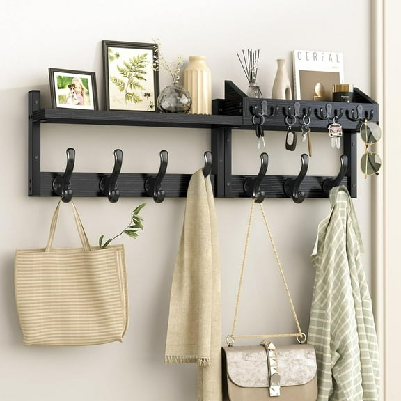 29" Coat Rack Wall Mount with Shelf, 4 in 1 Coat and Key Hanger with 11 Metal Hooks, Entryway Wall Mounted Shelf with Mail Holder for Living Room, Bedroom, Black