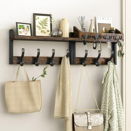 29" Coat Rack Wall Mount with Shelf, 4 in 1 Coat and Key Hanger with 11 Metal Hooks, Entryway Wall Mounted Shelf with Mail Holder for Living Room, Bedroom, Rustic Brown