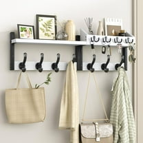 29" Coat Rack Wall Mount with Shelf, 4 in 1 Coat and Key Hanger with 11 Metal Hooks, Entryway Wall Mounted Shelf with Mail Holder for Living Room, Bedroom, White