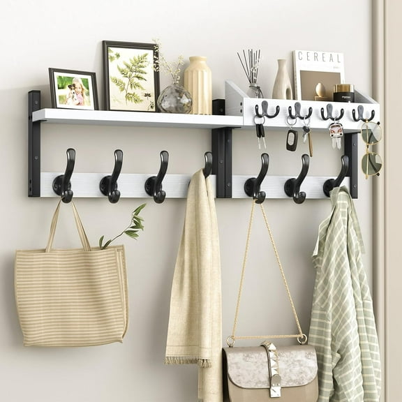 29" Coat Rack Wall Mount with Shelf, 4 in 1 Coat and Key Hanger with 11 Metal Hooks, Entryway Wall Mounted Shelf with Mail Holder for Living Room, Bedroom, White