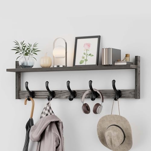 29'' Coat Rack Wall Mount with Shelf, Wood Wall Hooks with Storage, Entryway Shelf with 5 Coat Hangers for Bathroom, Living Room, Bedroom, Ebony Grey