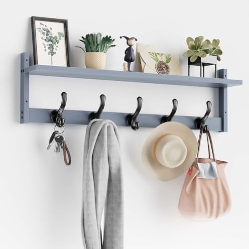 29'' Coat Rack Wall Mount with Shelf, Wood Wall Hooks with Storage, Entryway Shelf with 5 Coat Hangers for Bathroom, Living Room, Bedroom, Grey