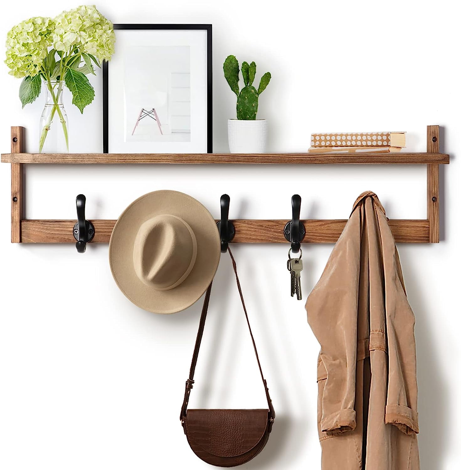 Wood Wall Hooks with Storage, Entryway Shelf with 5 Hangers