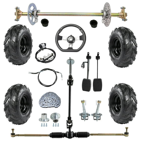 29" Complete Go Kart Rear Live Axle Kit with145/70-6 Wheels Tires Rims, Go Cart Steering Kit, Brake Assembly, Steering Spindle 3 Stud Wheel Hubs for DIY Drift Trike, ATV, Quad, Buggy