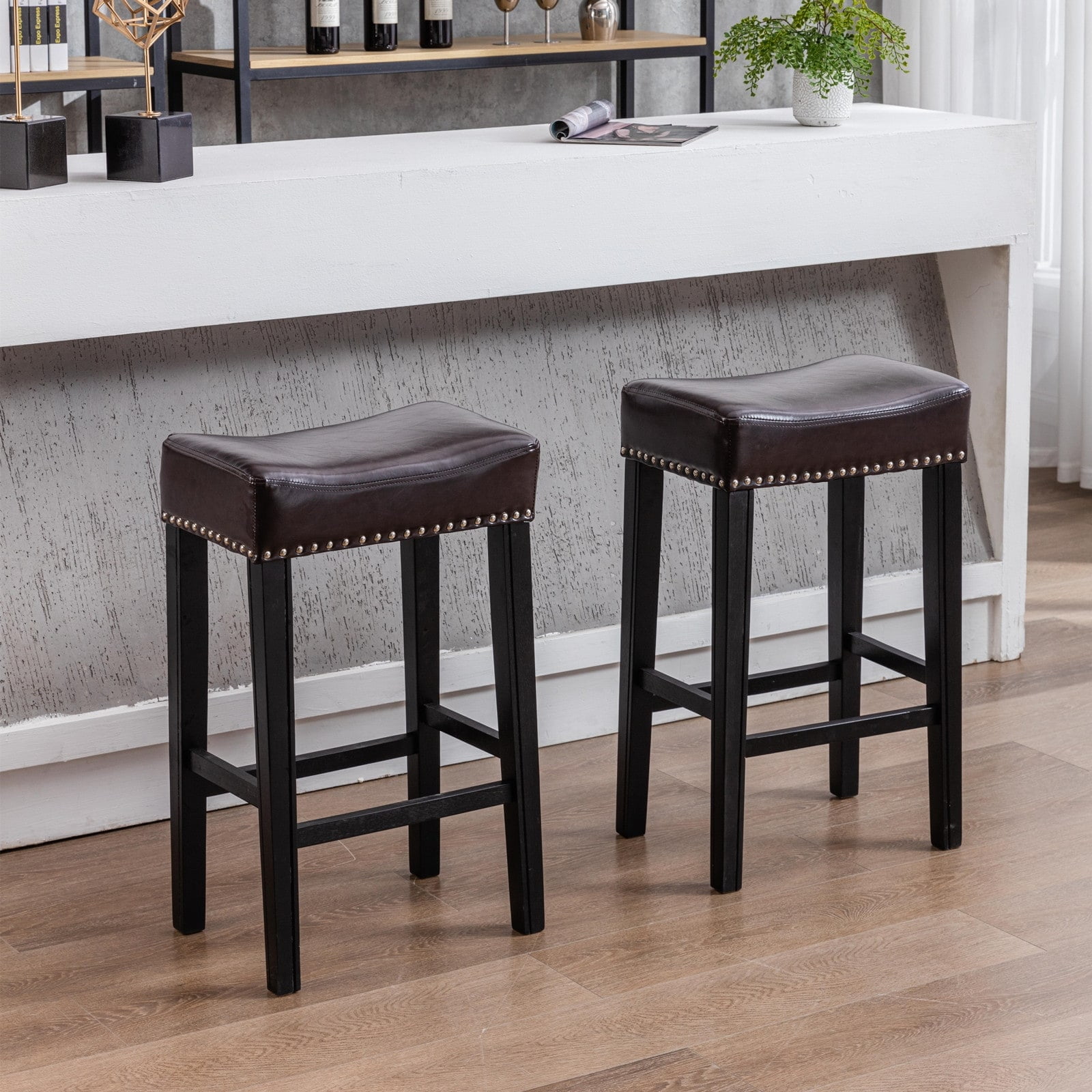 29" Counter Height Bar Stools Backless Leather Saddle Barstools with ...