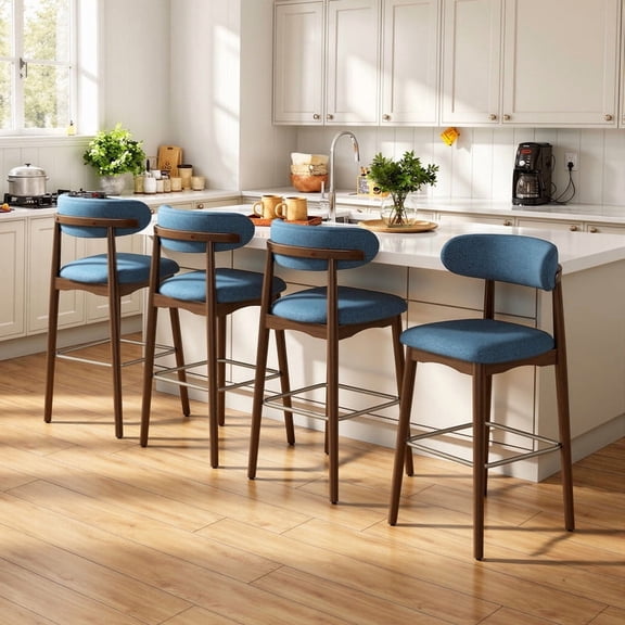 Daluvenix 29″ Counter Height Bar Stools Set of 4, Modern Linen Upholstered Bar Stools, Solid Wood Legs, Curved Back Upholstered Bar‑Chairs for Kitchen Island Dining Room Bar, Blue