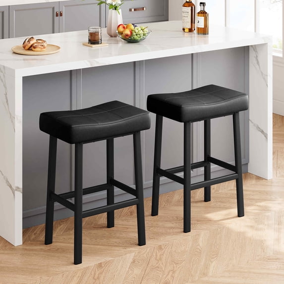 29" Counter Height Barstools Set of 2, Modern Upholstered Counter Stool with Curved Surface, PU Leather Backless Saddle Stool, for Kitchen Counter or Home Bar, Black