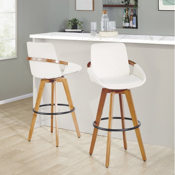 29" Fixed-Height Barstool with Swivel in Walnut Bamboo and Cream Noise Fabric with Round Black Metal Footrest