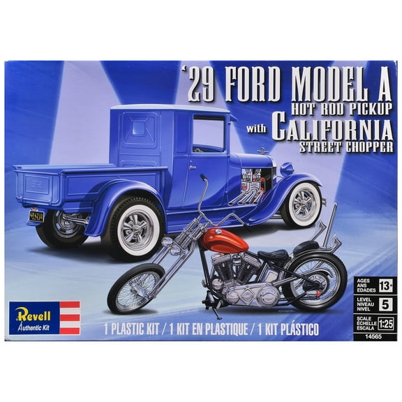 Level 5 Model Kit 1929 Ford Model A Hot Rod Pickup Truck and California Street Chopper Motorcycle 1/25 Scale Model by Revell