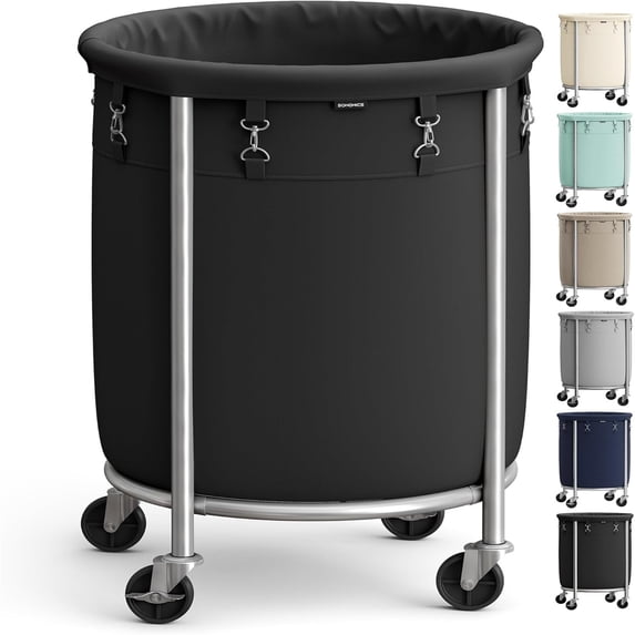 MX-29-Gallon (110 L) Laundry Basket with Wheels, Rolling Round Heavy-Duty Laundry Hamper Cart with Steel Frame and Removable Bag, 2 Locking Wheels, Ink Black and Metallic Silver