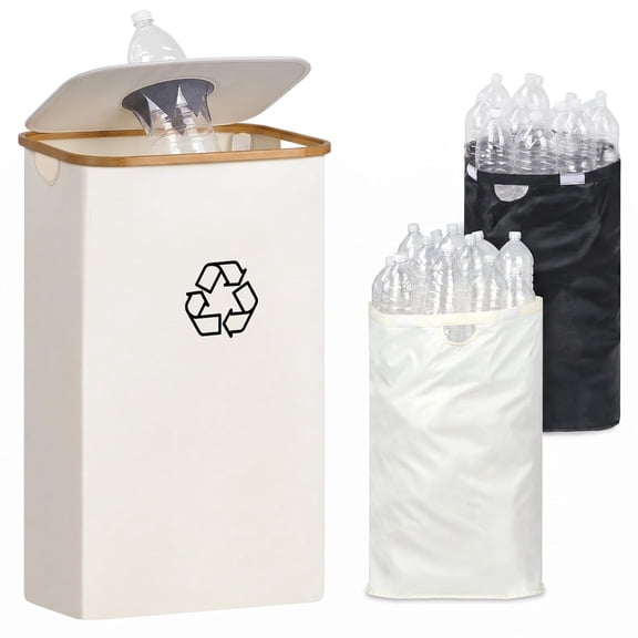 29 Gallons Recycling Bins for Kitchen, Indoor Recycle Bins with Lid, 110L Large Recycle bin with 2 Removeable Reusable Inner Bags, for Bottles Cans Glass Plastice Cartons(Beige)