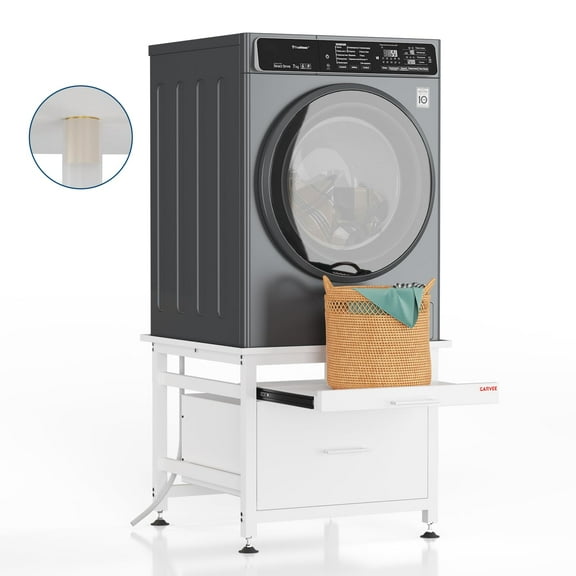 29" Heavy Duty Metal Washer and Dryer Pedestals with Pullout-Shelf and Drawer, Universal Fit Anti-Vibration Washer Dryer Base with Adjustable Feet, Up to 850 LBS Capacity, 29"x29''x23'', White