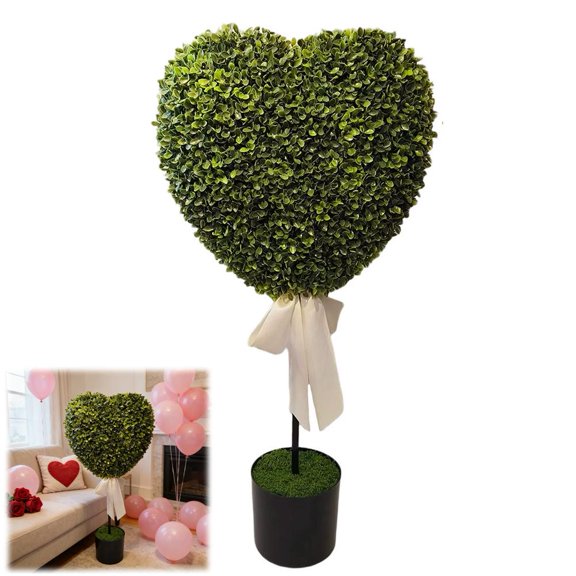 29 Inch Artificial Boxwood Heart Topiary, Valentine's Day 2026 Outdoor/Indoor Decor, Heart Shaped Faux Tree with Bow for Easter Valentine's Day