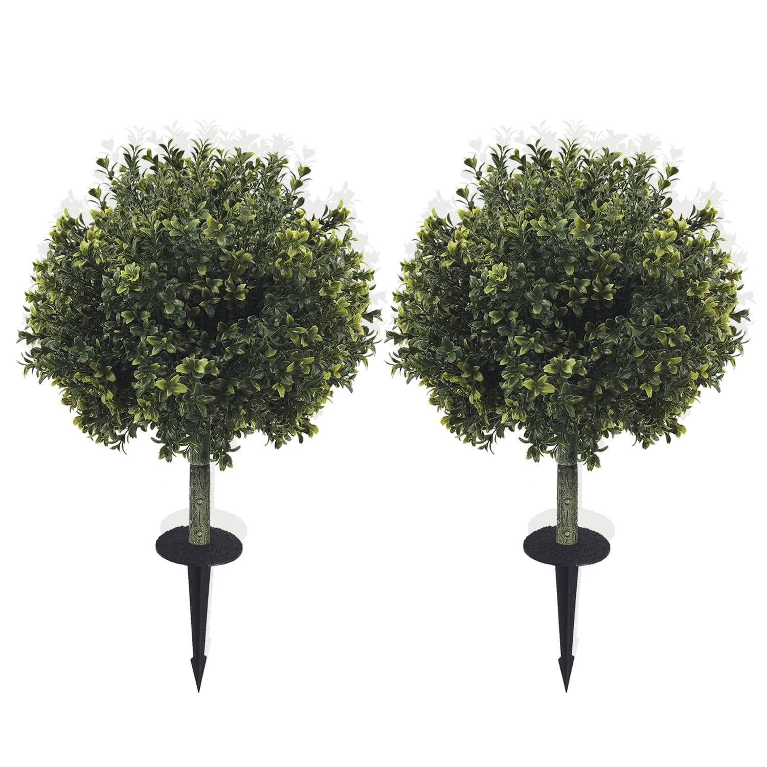 29 Inch Artificial Boxwood Topiary Tree with Ground Spike, Set of 2 Artificial Shrub Bushes, Fake Evergreen Tree for Porch, UV Resistant Artificial Plants for Indoor & Outdoor Planters