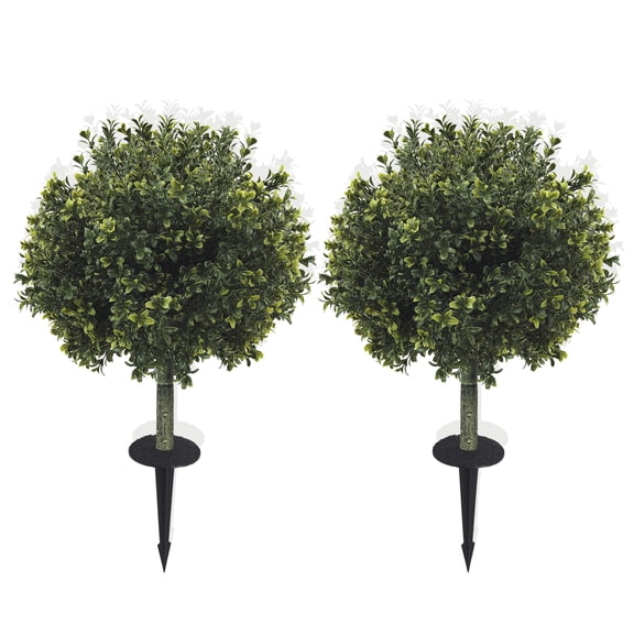 29 Inch Artificial Boxwood Topiary Tree with Ground Spike, Set of 2 Artificial Shrub Bushes, Fake Evergreen Tree for Porch, UV Resistant Artificial Plants for Indoor & Outdoor Planters