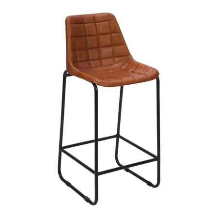 29 Inch Bar Height Chair, Square Tufted Genuine Leather Seat, Metal Frame, Tan Brown, Black - Saltoro Sherpi