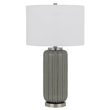 29 Inch Ceramic Curved Table Lamp with Stripes, Dimmer, Gray- Saltoro Sherpi