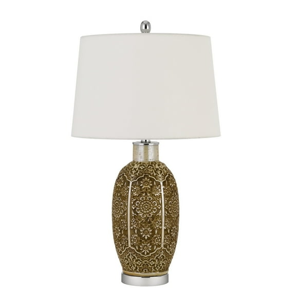 29 Inch Ceramic Table Lamp with Dimmer, Floral Base, Olive- Saltoro Sherpi