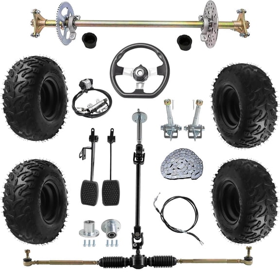 29 Inch Go-Kart Drift Trike Rear Axle Kit T8F Chain Sprocket 160mm Brake 14x5.00-6 Wheels Steering Assembly Pedals Throttle for DIY Go Kart ATV Quad Buggy Golf Cart Custom Build 740mm