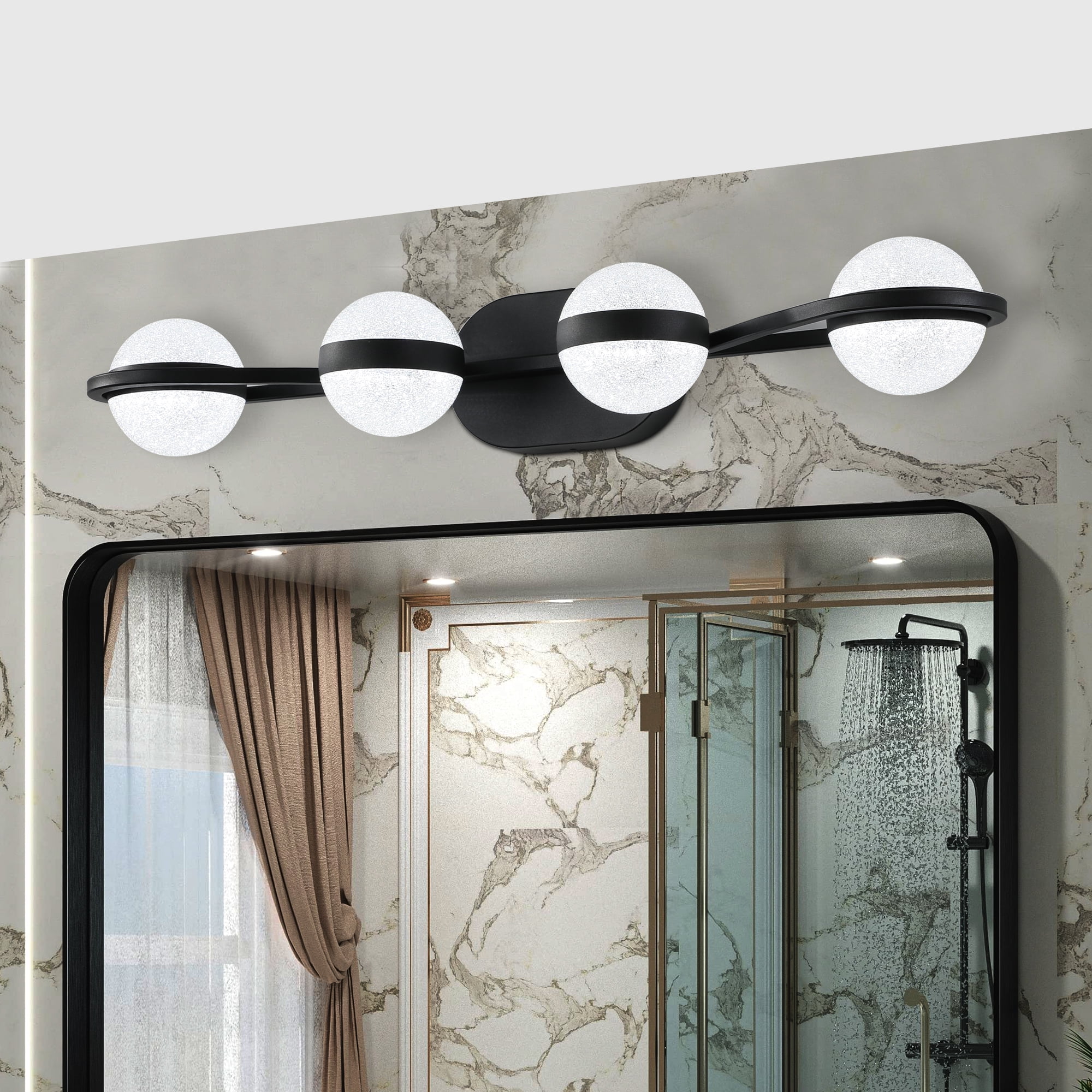 29 Inch LED Bathroom Vanity Light, Modern 4-Light Wall Sconce with Globe Shades, Black Finish for Mirror