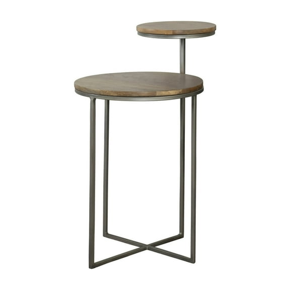Benjara 29 Inch Modern Round Accent Table, 2 Tier Brown Wood Tops, Gray Metal Base