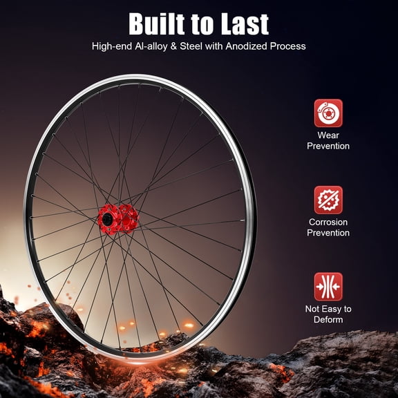 29 Inch Mountain Bike Wheelset Disc Brake Ready with Red Hubs 441 lb Load Capacity 100mm Front 135mm Rear