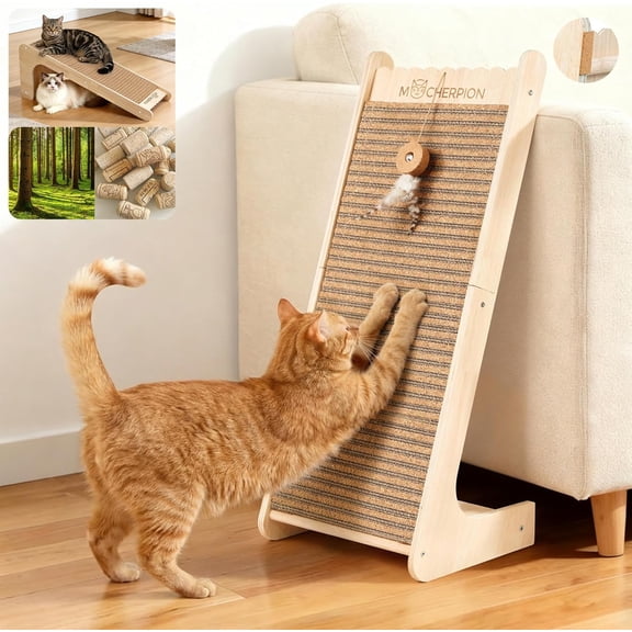 29-Inch Natural Cork Cat Scratching Post and Ramp, Eco-Friendly Scratching Pad and Board for Indoor Cats, Replaceable Cardboard Scratching Surface with Toy