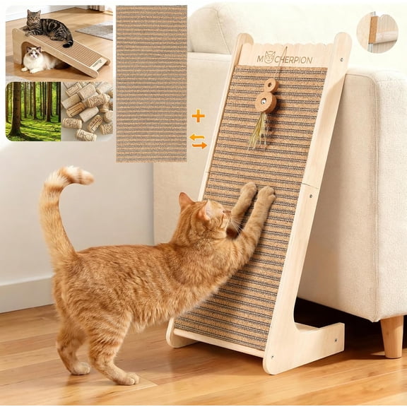 29-Inch Natural Cork Cat Scratching Ramp and Pad, Eco-Friendly Scratching Board with 2 Replaceable Cardboard Refills and Interactive Toy for Indoor Cats