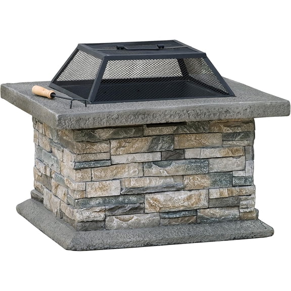 29 Inch Outdoor Fire Pit Table, Wood Burning Fire Pit for Patio with Spark Screen, Fire Poker, MGO Square Fireplaces for Camping, Garden, Backyard, Bonfire Party, Stone Gray