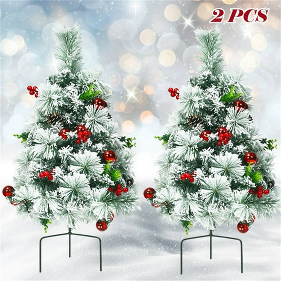 29 Inch Outdoor Pathway Christmas Trees Set of 2, Pre-Lit Snow Flocked Xmas Trees with 30 Warm White LED Lights, 8 Flash Modes, Pine Cones, Red Berries, Porch Christmas Pine Trees for Driveway Yard