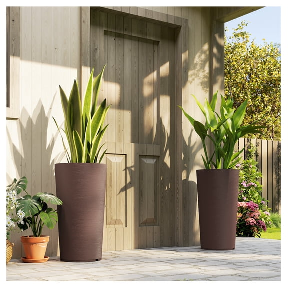 29 Inch Outdoor Planters, Set of 2 - Plastic Flower Pots, Weather Resistant, Stackable Large Plant Pots, Brown