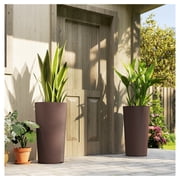 29 Inch Outdoor Planters, Set of 2 - Plastic Flower Pots, Weather Resistant, Stackable Large Plant Pots, Brown