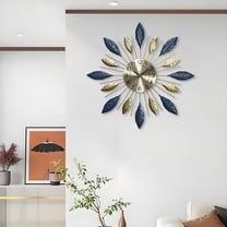 29 Inch Pastoral Country Rustic Farmhouse Metal Leaf Wall Clock, Blue & Gold Whimsical Non-Ticking Decor, for Porch Living Room Kitchen Home Decor