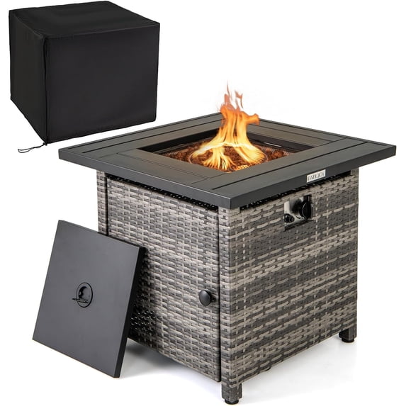 GLINTEX 29 Inch Propane Rattan Firepit Table with Lava Rocks and Protective Cover, Fire Pit Tab, Grayle