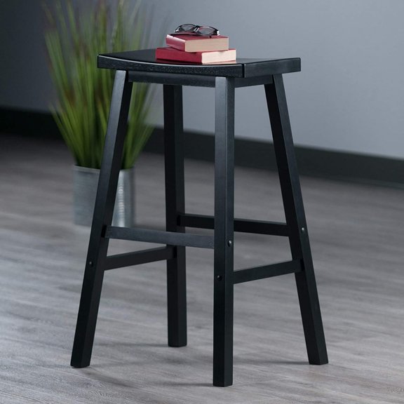 29-Inch Saddle Seat Bar Stool, Solid Wood Counter Height Stool, Contoured Comfortable Seat, Sturdy Square Legs, Black Finish, 220 lb Weight Capacity, Easy Assembly